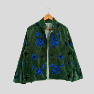 Luxury Green <b>Velvet</b> Embroidered Suzani <b>Jacket</b> with Floral Pattern Full Sleeve Stand Collar Handmade Boho Artisan Coat - Product Image 1