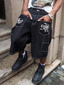 سراويل جينز كاجوال للرجال على طراز الشارع مطبوعة بشعار مخصص شورت جينز للرجال فضفاض جرافيك Jorts للرجال - Product Image 2