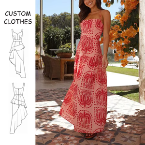 थोक अनुकूलित महिलाएं कैजुअल समर-लाइन सस्ते स्लीवलेस मुद्रित लाल बैकलेस हैवीयन स्टाइल हैल्टर मैक्सी ड्रेस बेल्ट के साथ - Product Image 1