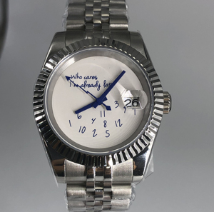 Reloj de Pulsera para Hombre de Acero Inoxidable con Esfera Blanca y Negra, Bisel Estriado y Fecha, Estilo Diseñador NH35, Colección Who Cares I'm Already Late - Product Image 3