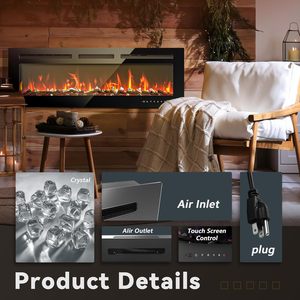 Chimenea Eléctrica EUHOMY de 50 Pulgadas para Montar en la Pared con Llama de Color Ajustable y Control Remoto, Calentador Moderno de Vidrio Templado Negro - Product Image 6