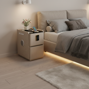 <span class=keywords><strong>Table</strong></span> <span class=keywords><strong>de</strong></span> Chevet <span class=keywords><strong>de</strong></span> Luxe en Cuir avec 2 Tiroirs, Rangement Intelligent, Éclairage, Chargement Sans Fil et Haut-parleur – Mobilier pour la Maison - Product Image 2