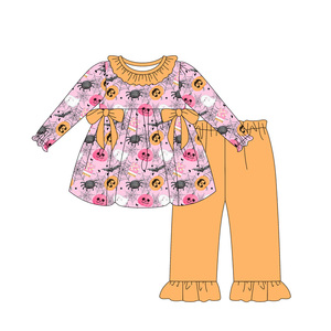 Conjunto de Ropa Infantil Personalizable para Halloween, Pantalones con Diseño de Calabaza y Telaraña, Ropa de Boutique para Niñas Pequeñas de Otoño - Product Image 1
