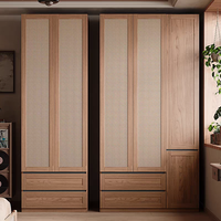 Armoire de chambre à coucher en placage de bois et rotin tressé, style Mid-Century, avec portes battantes, meuble de chambre, meuble sur mesure