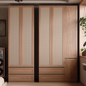 Armadio con ante a battente in legno impiallacciato e rattan intrecciato, stile Mid-Century, con linee a bastoncino, per <span class=keywords><strong>camera</strong></span> da letto, mobile su misura - Product Image 2
