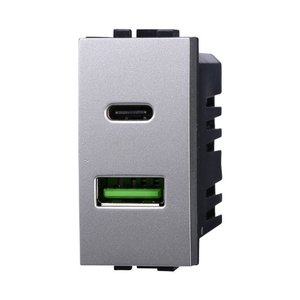 Módulo de Enchufe Cargador USB de 2 Puertos 3.1A USB-A + USB Tipo C, Color Gris, Compatible con Bticino Living International - Product Image 1