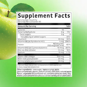 Gummies au vinaigre de cidre de pomme avec étiquette personnalisée, glucides totaux, sucres totaux, favorisent une perte de poids saine, vitamine B6 - Product Image 2