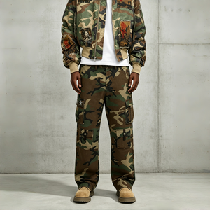 Bold Classic Camo Print Loose <b>Wide</b> <b>Leg</b> <b>Cargo</b> Denim Trousers with Multi Flap Pockets and Star Embroidery for Tactical Street - Product Image 1