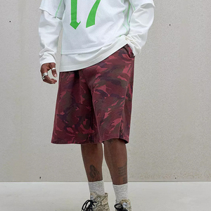 Custom <b>Men</b> Baggy Wide Leg Red <b>Camo</b> Print Elastic Waist Side Pockets Soft Wash <b>Jogger</b> Shorts - Product Image 2