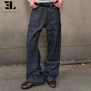Pantalones de Carpintero LARSUR Personalizados de Fábrica, Premium, Lavado Pesado, Denim Selvedge, Doble Rodilla, Pierna Recta, Estilo Japonés, Jeans Salvage para Hombre - Product Image 4