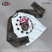 T-shirt à manches longues en maille gaufrée, imprimé lèvres, motif léopard, manches raglan, crop top Y2K, style punk, motif fil barbelé, tee-shirt rock star