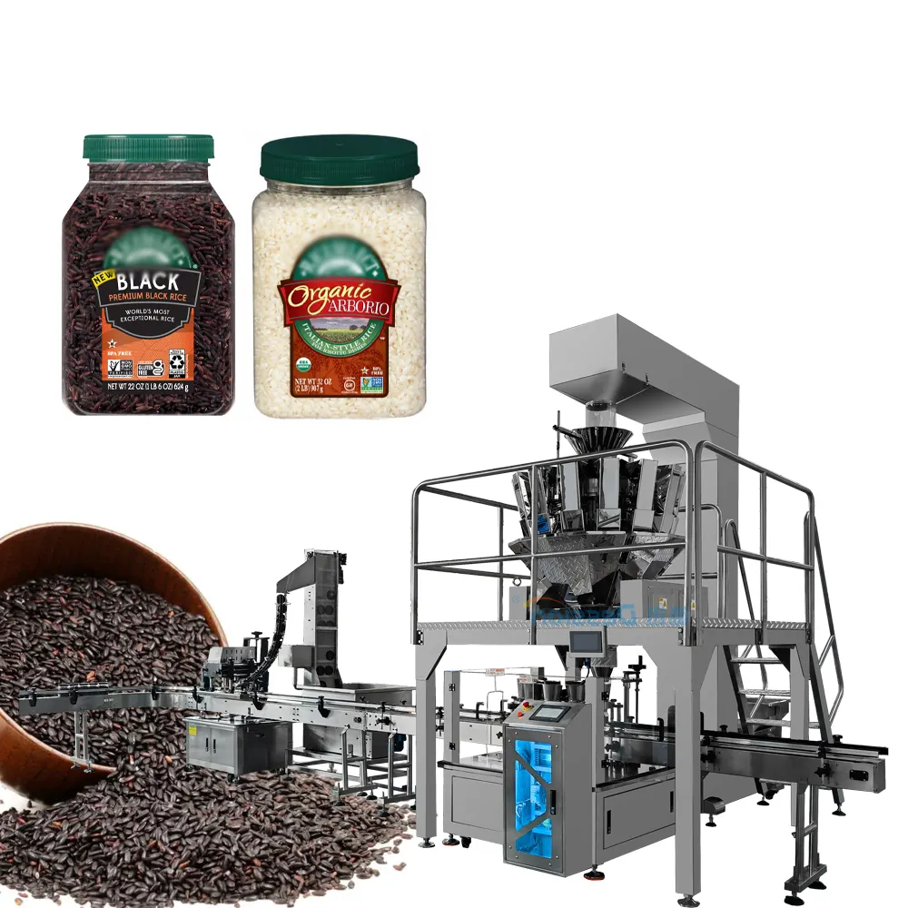 Lini produksi otomatis toples nasi hitam organik multikepala menimbang mesin pengisi butiran biji botol mengisi garis kemasan