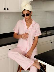 Custom <strong>Summer</strong> Short Sleeve Striped Cotton <strong>Pyjamas</strong> with Piping PJ Set Loungewear Bamboo Pajamas Sets <strong>for</strong> Women - Product Image 4