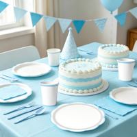 En stock – Ensemble de vaisselle jetable bleu à bordure dentelle pour fête d'anniversaire : assiettes, gobelets, serviettes, couteaux, fourchettes, cuillères et décorations de fête