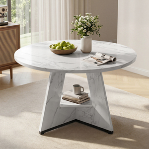 Mesa de Comedor Redonda Moderna con Estante de Almacenamiento de Dos Niveles, Resistente al Agua y a los Arañazos, para 4-6 Personas, Uso Doméstico - Product Image 1