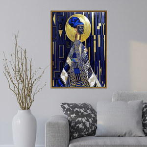 Elegant African Royal Woman <b>Canvas</b> Art: Blue & Gold Geometric Glam,GOLD <b>FRAMED</b> <b>CANVAS</b> - Product Image 3