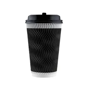 Оптовая продажа, черные одноразовые бумажные кофейные чашки с двойными стенками, недорогие бумажные чашки для кофе с черной крышкой