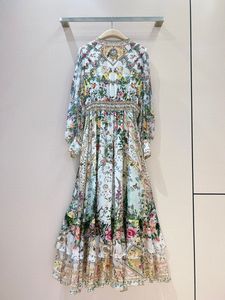 100% шелковое длинное платье 2025 осеннее вечернее женское сексуальное винтажное платье с V-образным вырезом и цветочным принтом, расшитое бисером, Платье макси с длинным рукавом для выпускного вечера - Product Image 2