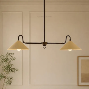 Lustre suspendu linéaire de luxe de style moderne du milieu du siècle, finition laiton antique, double disque, style italien minimaliste, 2 lumières - Product Image 1