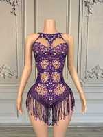 Combinaison de scène élastique sexy dos nu avec franges et strass, personnalisable, pour femme, bleue, haute qualité, pour la danse et les spectacles