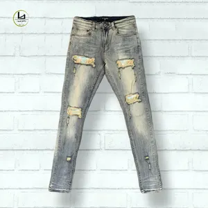 Fornitore per gli uomini di abbigliamento mens dei jeans regolari luce blu di lavaggio skinny jeans di stile tie dye patch jeans strappati per gli uomini
