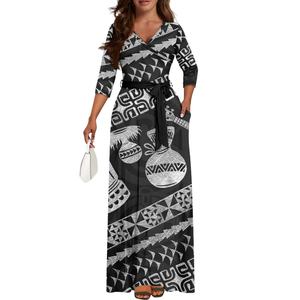 Elegante dama vestidos largos fiesta de noche estilo marquesano tatuaje polinesio profundo V manga larga elegante vestido Delgado - Product Image 2