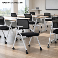 Chaise de formation ergonomique pliable en maille avec accoudoirs, tablette d'écriture optionnelle et roulettes pour salle de conférence et salle de classe
