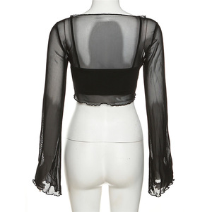 <span class=keywords><strong>Camisa</strong></span> tipo cárdigan <span class=keywords><strong>de</strong></span> malla transparente para mujer, color sólido, manga larga, <span class=keywords><strong>dobladillo</strong></span> con abertura, top corto, chaleco, blusas ajustadas para mujer - Product Image 5