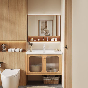 Modern <b>oak</b> painted ceramic integrated basin bathroom cabinet washbasin smart mirror cabinet - Product Image 4