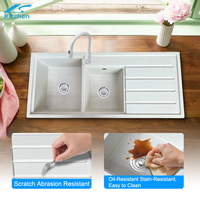 Évier double carré en quartz blanc fait main Liangshun LS-11650, à encastrer, avec égouttoir, largeur 36 pouces, anti-rayures, vente en gros