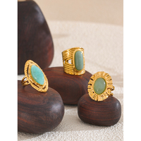 Bague Ouverte JINYOU 4050 en Pierre Naturelle Aventurine Verte Plaqué Or 18 carats, Bague Ajustable en Acier Inoxydable Tendance pour Femme