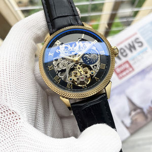 Artisan Luxury Men <b>Skeleton</b> Moon Phase <b>Watch</b> Gold Textured Bezel Leather Strap Bespoke OEM Wholesale - Product Image 2
