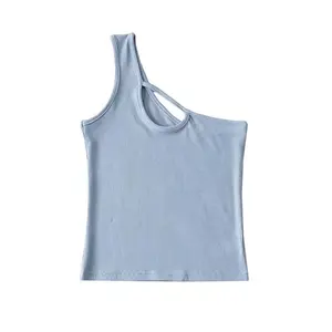 Custom Logo Sleeveless T'shirt Rib Cotton 1 Shoulder Tank Crop Top Sexy Summer Clothes 1 Shoulder Women Top