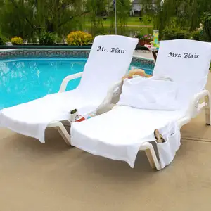 Extra large embroidered lounge chair covers beach chair cover pool chair towel with top fitted pocket