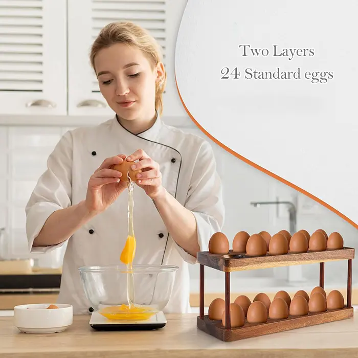 Akasya ahşap yumurta tutucu pürüzsüz kenarları ve güzel doku ve altın kahverengi ile çift katmanlar 24 standart yumurta için bak