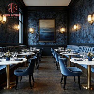 Juego de Muebles de Restaurante Modernos y Lujosos: Sofá de Terciopelo Azul Marino con Botones y Mesa Redonda de Mármol Blanco - Product Image 3