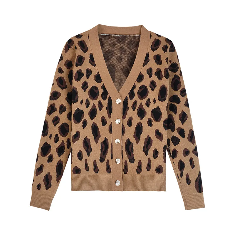 Wholesale Custom Sweater Short Leopard Print Retro Sweater Women's Jacket Spring New Outer Wear Long Sleeve Knit Cardigan Top