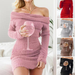 Mini <span class=keywords><strong>Abito</strong></span> da Donna <span class=keywords><strong>a</strong></span> Maniche Lunghe in Maglia Autunnale Sexy Casual Aderente con <span class=keywords><strong>Scollo</strong></span> <span class=keywords><strong>a</strong></span> <span class=keywords><strong>Barca</strong></span> e Spalle Scoperte Tinta Unita - Product Image 3