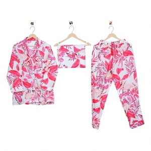 Conjunto de Pijama de 3 Piezas con Estampado Floral para Mujer, Manga Tres Cuartos, 100% Algodón, Transpirable, de Secado Rápido, Ropa de Dormir Informal para Primavera - Product Image 1