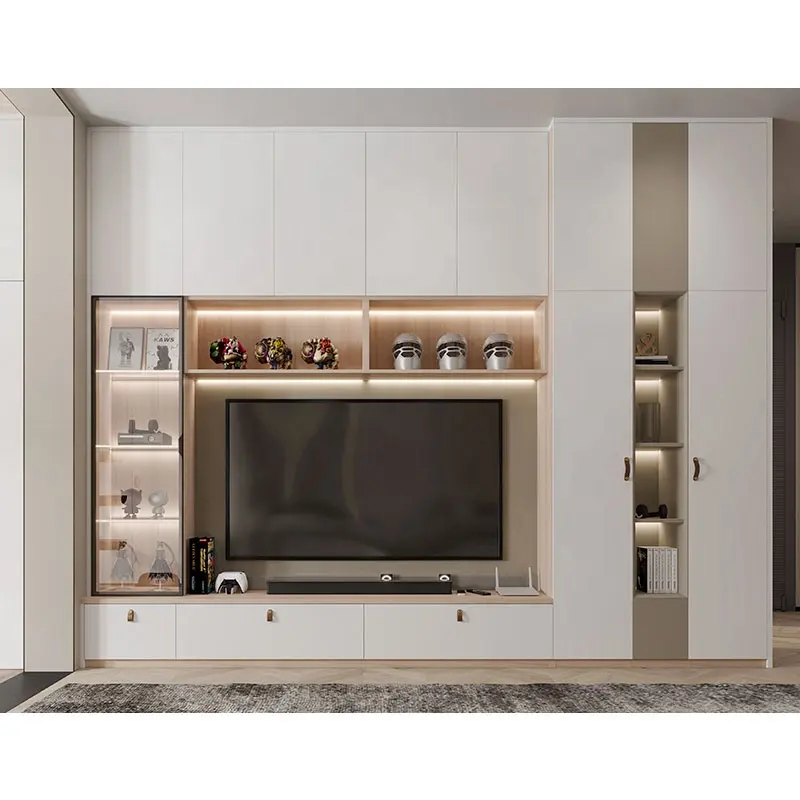 SUOFEIYA Unit Dinding Kustom Kabinet Tv Putih Desain Modern Di Ruang Tamu