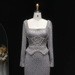 Jancember LSZ633 Magnifiques Robes de Soirée Droites Grises à Col Carré avec Cristaux et Perles - Product Image 4