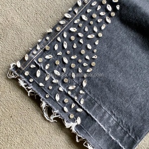 Custom Streetwear <b>Jeans</b> Crystal Rhinestone Raw Hem Jorts Cut Edge Denim Pants Distressed Streetwear Acid Wash Baggy <b>Jeans</b> Men - Product Image 3