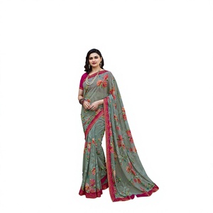 Sari Tradicional Indio de Seda con Estampado Floral y Borde Rosa, Traje de Boda para Mujer, Corte Regular, Largo hasta el Suelo, Estilo Étnico - Product Image 1