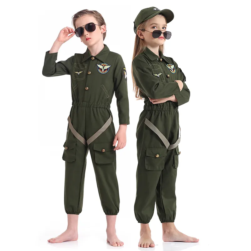 Carnival Party Cosplay Roleplay Costumes Dress Up for Boys Girls Children Pilot Jumpsuit Unisex Kids Air Force Fighter Costume