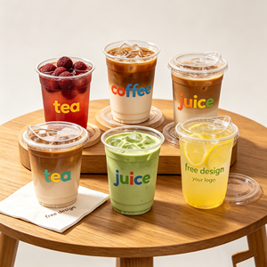แก้วพลาสติกใสแบบใช้แล้วทิ้งสำหรับชาไข่มุก สมูทตี้ กาแฟเย็น ขนาด 12/14/16/18/20/24 ออนซ์ พร้อมฝาปิดแบบแบน - Product Image 1