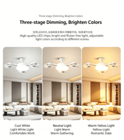 Ventilateur de plafond LED 5 têtes avec moteur DC, design créatif ABS, type E27, silencieux, intensité réglable, pour salon et chambre à coucher