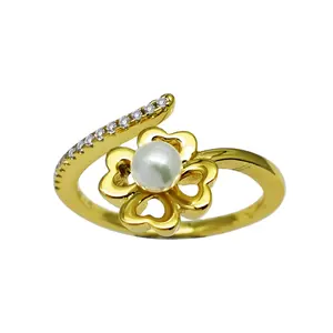 Kualitas tinggi grosir wanita emas jari terbuka cincin lucu air tawar mutiara semanggi padat 9K emas Dainty cincin bagus Bypass