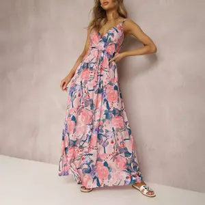 Women'S Fashion Printed Dress Sexy Deep V Shaped Sleeveless Open Back Boho Maxi Dress