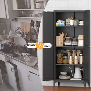 Ready Stock in USA Free Shipping [Metal Adjustable] 2 Doors Metal Storage Cabinet Kitchen Pantry Cabinet Support <b>Dropshipping</b> - Product Image 4