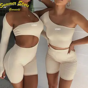 Hot selling accept custom logo Women Jumpsuits Gym Romper One Shoulder Sports Seamless Ribbed One Piece Workout Yoga Jumpsuits